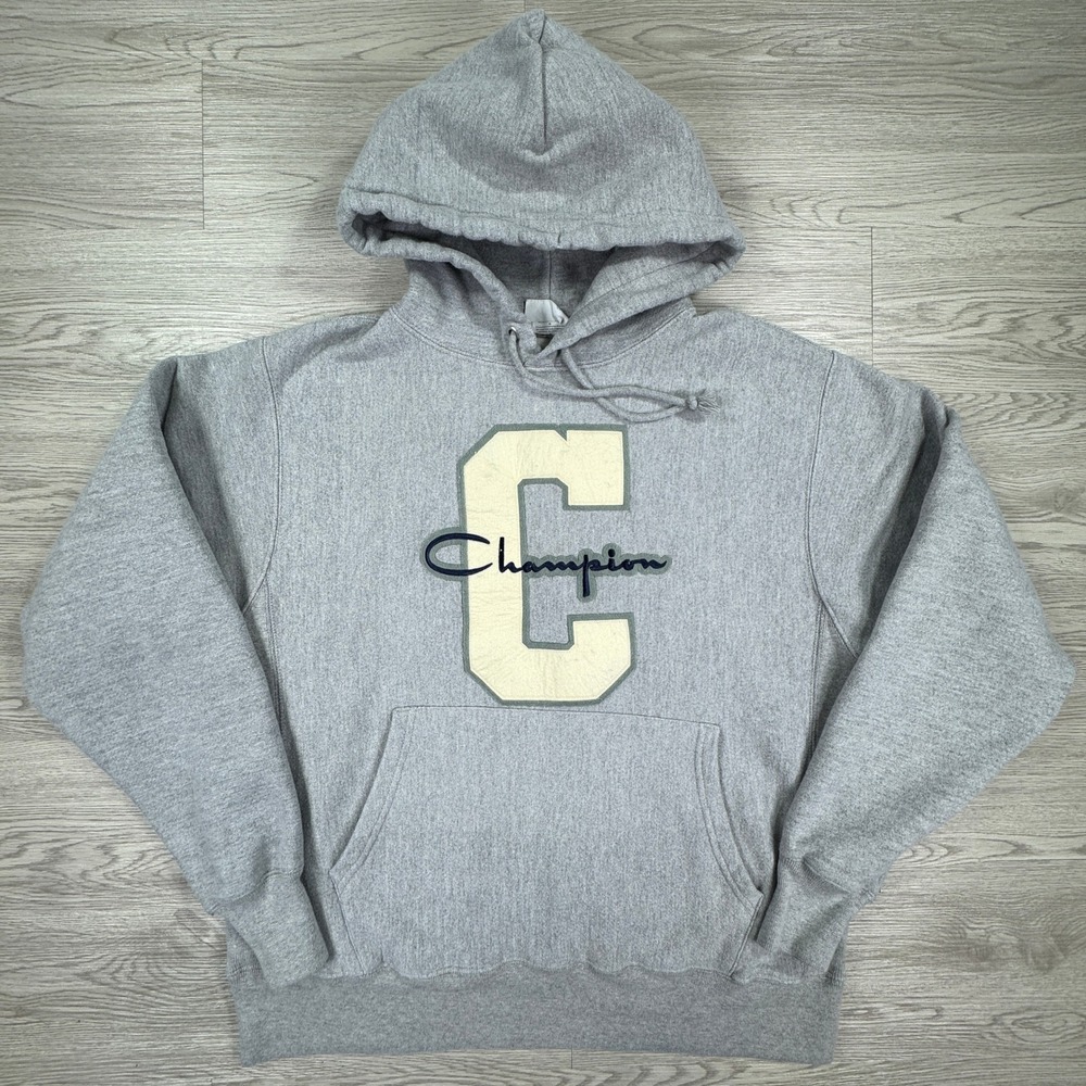 Champion Men's Hoodie Reverse Weave Gray Large Chenille Logo Pullover Sweatshirt